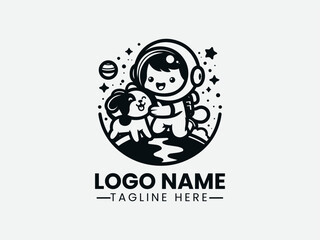 Cute Astronaut Playing with Dog Logo Design, Astronaut and Dog Logo