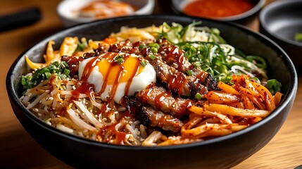 A close-up of bibimbap with gochujang sauce drizzled on top