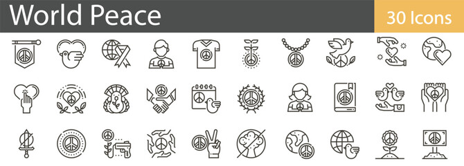 World Peace Line Icons Collection. Harmony, Unity, Global Cooperation, and Human Rights Symbols. Editable Stroke, Vector Illustration.