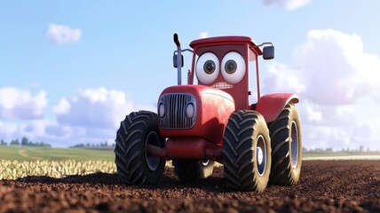 Obraz premium Adorable 3D render of a cute animated tractor with big expressive eyes and a friendly smile, happily plowing a bright, cheerful field. Playful, colorful, kid-friendly scene.
