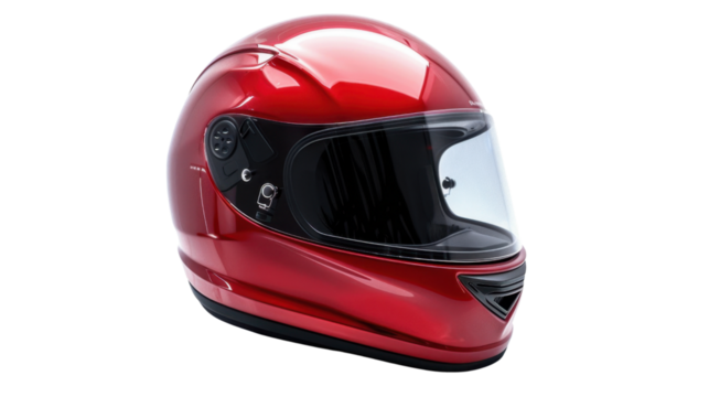 Red motorcycle helmet presenting modern design and safety features on transparent background