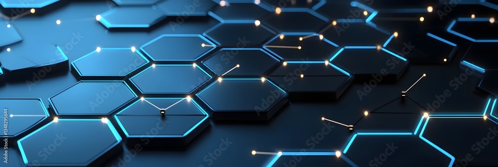 Aufkleber Vibrant digital background featuring a network of interconnected hexagonal nodes with glowing lines representing a futuristic technological landscape
