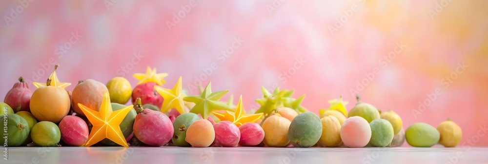 Poster vibrant display of assorted exotic fruits including starfruit and mangosteen lit by a neon glow agai