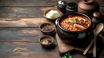 A rustic wooden background with homemade kimchi in a clay jar.