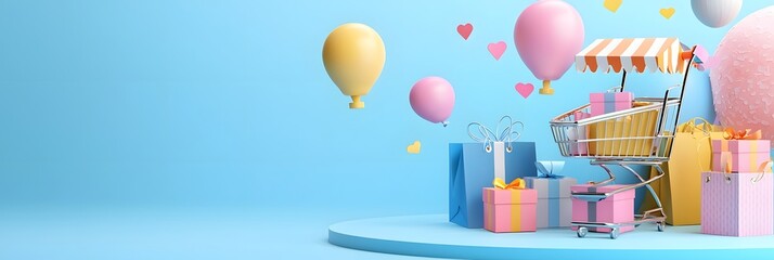 Obraz premium Vibrant and trendy background showcasing online shopping express delivery and flash discounts with colorful balloons gift boxes and other celebratory accents
