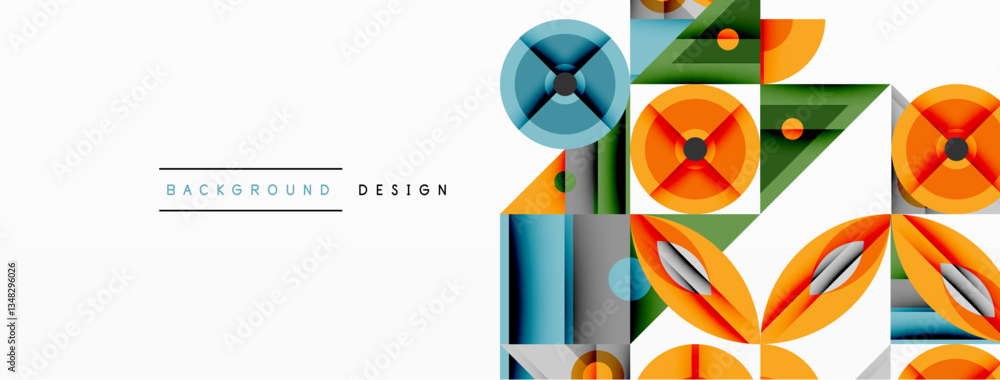 Poster geometric abstract composition with intersecting shapes, circles, triangles, and gradients, blending