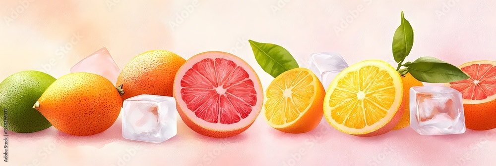 Poster vibrant juicy citrus fruits including lemons limes oranges and grapefruit arranged with ice cubes in