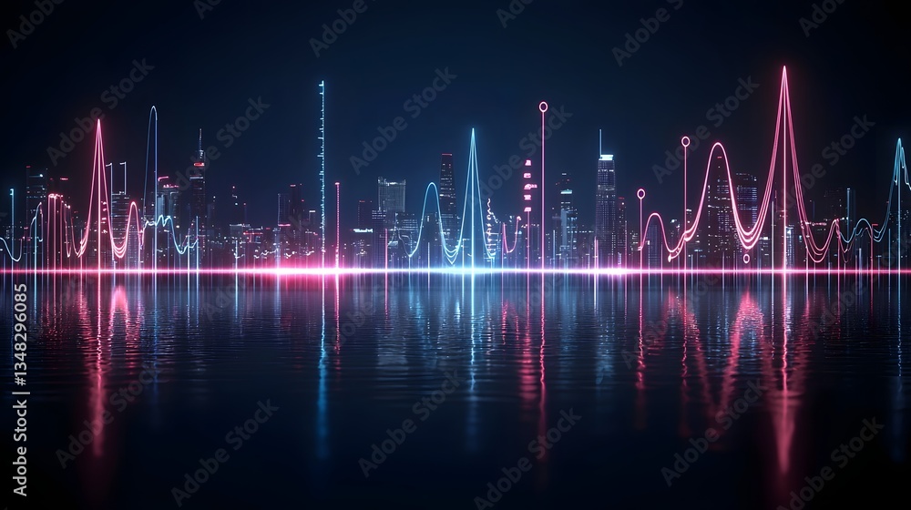 Poster vibrant neon lines and pulsing energy visualize radar waves bouncing off the skyscrapers of an abstr
