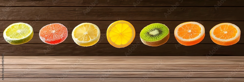Poster vibrant sliced citrus and kiwi fruit artfully arranged and suspended in mid air against a textured w