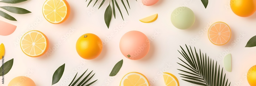Poster vibrant summer composition with sliced citrus fruits whole oranges and lush green palm leaves creati