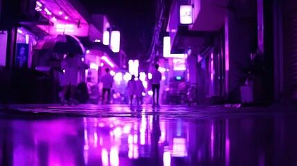 A night street illuminated by vibrant purple neon lights reflecting in puddles on the wet pavement, with silhouettes of people walking