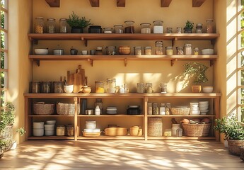 Sunny Kitchen Pantry with Wooden Shelves and Jars