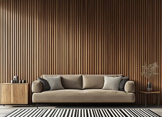 3D rendering of an interior design mockup of a modern living room with a sofa and sideboard in a wooden style. The background wall has vertical wood paneling. The space is illuminated by soft daylight