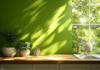 Sunny Kitchen Window Green Wall Herbs Plants Wood Countertop