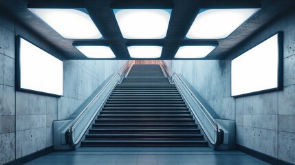 Modern Underground Staircase with Blank Advertisement Spaces