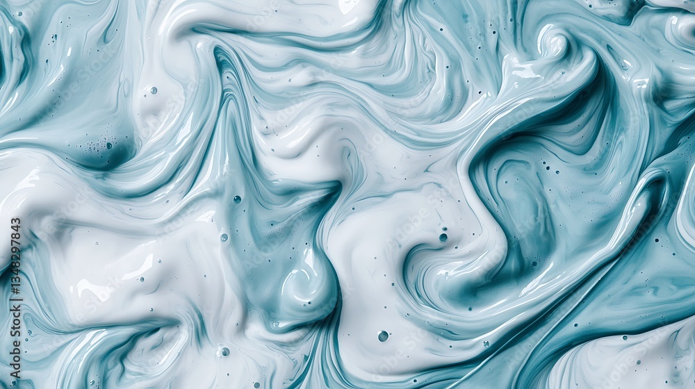 Poster a mesmerizing abstract swirl of teal and white paint, creating a fluid, dynamic visual texture.