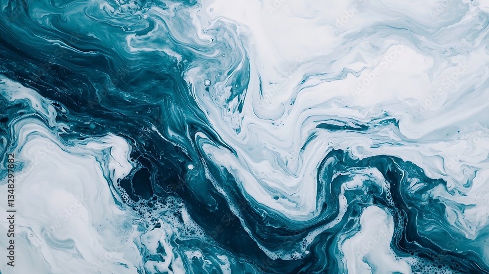 Poster a mesmerizing abstract pattern of swirling teal and white hues, evoking fluidity and artistic expres