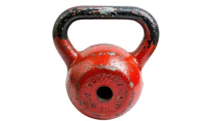 Red and black kettlebell weight lifting equipment on transparent background