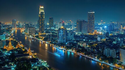 Fototapeta premium Bangkok City Skyline at Night, River View. Possible Use Stock photo for travel, tourism, or urban design