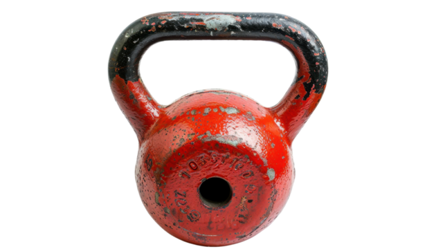 Red and black kettlebell weight lifting equipment on transparent background