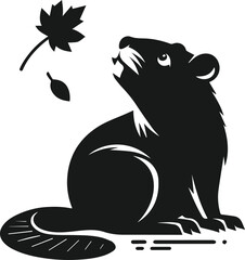 Beaver sitting with a curious expression and looking up at a falling leaf vector