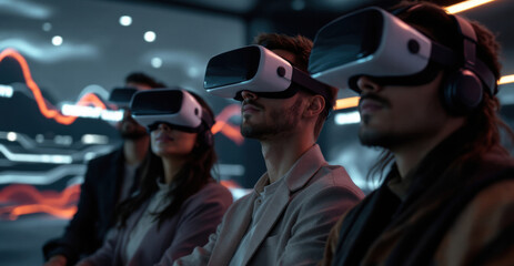 Group of young adults experiencing virtual reality technology together