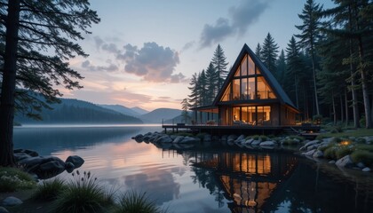 Obraz premium A-frame cabin by serene lake at sunset with forest and mountain views