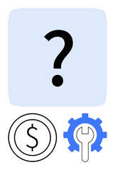 Large question mark above a dollar icon and gear with wrench, representing uncertainty in finances or technical challenges. Ideal for business strategy, decision-making, financial planning