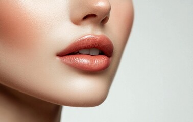 Beautiful female face in close-up, with beautiful lips and skin on a white background. High resolution photography, high detail, aesthetic professional photo, hyperrealistic portrait of an attractive 