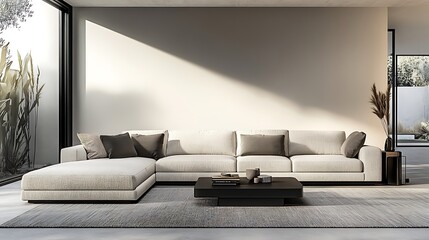 Modern living room with sectional sofa, sunlight streaming through, patio view