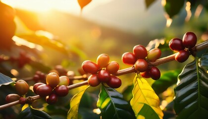 sunlit coffee branch with ripe berries on a plantation