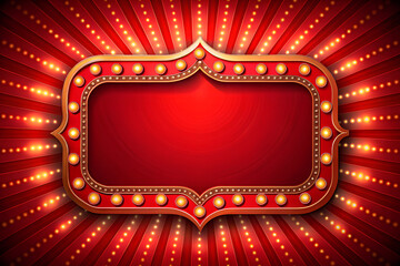 Vibrant red marquee frame with glowing bulbs and ornate border designed for customizable signage with retro circus charm