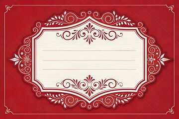 Vintage red label with ornate filigree details and symmetrical design rendered as a crisp vector graphic for festive customization