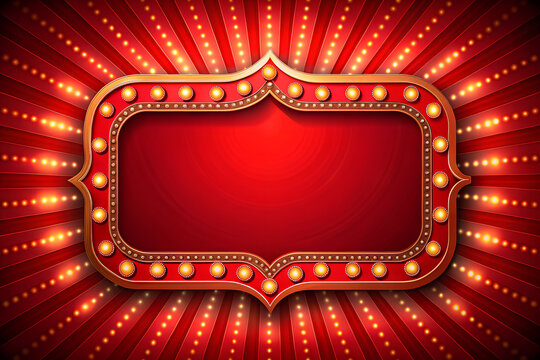 Vibrant red marquee frame with glowing bulbs and ornate border designed for customizable signage with retro circus charm
