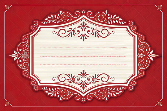 Vintage red label with ornate filigree details and symmetrical design rendered as a crisp vector graphic for festive customization