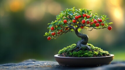 Miniature bonsai tree with red berries on moss-covered soil in soft sunlight