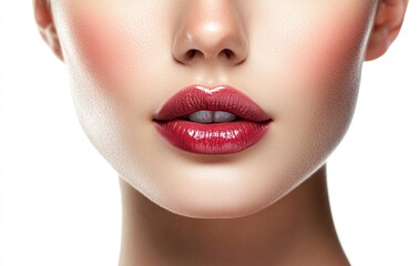 Naklejka premium Beautiful female face with perfect skin and plump lips in close-up on a white background. This image illustrates the concept of beauty and can be used as a stock photo. 