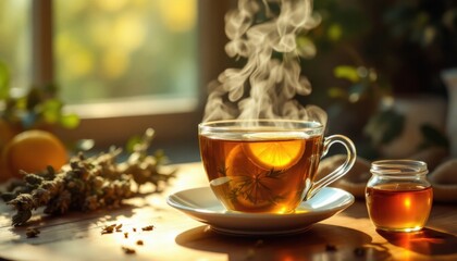 Steaming herbal tea with lemon and honey in sunlit kitchen