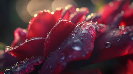 Close-up of Red Rose Petals Covered in Morning Dew Droplets