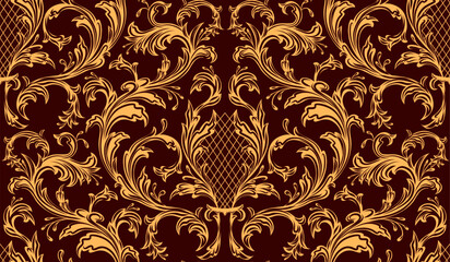 Vector damask baroque seamless pattern. Ornament with yellow silhouette of floral curls on red background. Tracery vintage texture for wallpaper, tablecloths and curtains.