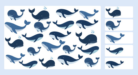 Vector educational game I Spy with whales. Count how many pictures of fish are hidden in the illustration. Perfect for kids learning activities, worksheets, or apps.