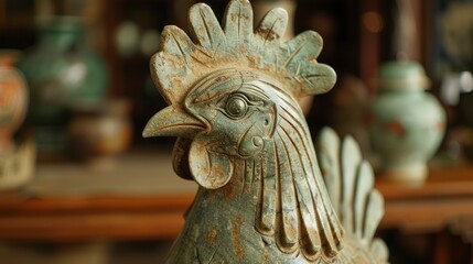 Fototapeta premium Ornate ceramic rooster sculpture displayed in a vintage shop surrounded by antique pottery