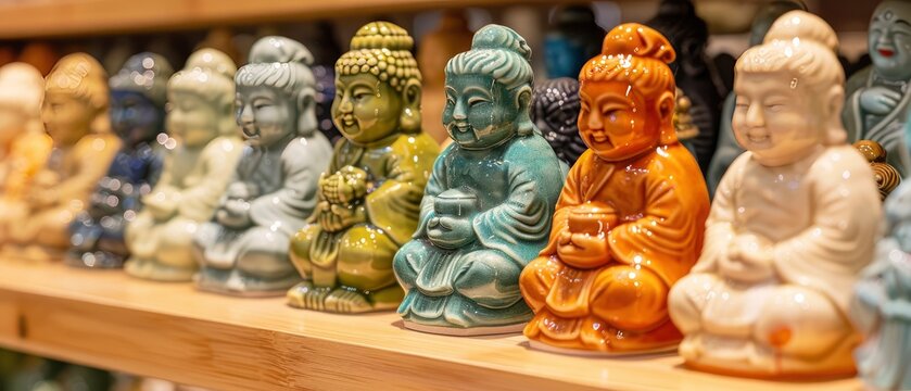 Colorful ceramic figurines of Buddha displayed on a wooden shelf in a tranquil shop setting