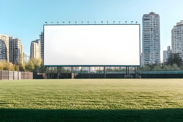 Obraz premium Blank Billboard at Soccer Field with City Backdrop for Modern Advertising Display