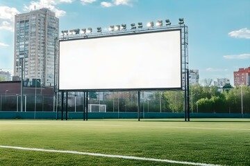 Fototapeta premium Blank Billboard at Soccer Field with City Backdrop for Modern Advertising Display