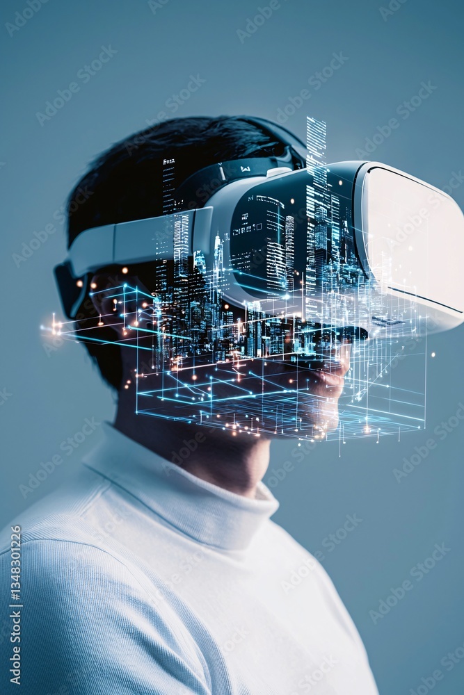 Aufkleber vr headset user interacting with a 3d website model, futuristic web development concept, immersive d