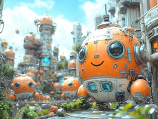 Cheerful orange robots populate a bright, futuristic city with unique buildings
