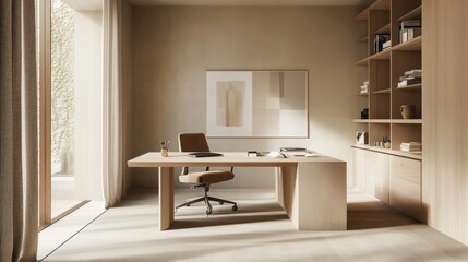 A minimalist home office with a large wooden desk, a comfortable office chair, and a large window with natural light