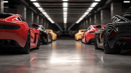 Luxury Sports Cars Showroom  Polished Floor  Cinematic Lighting