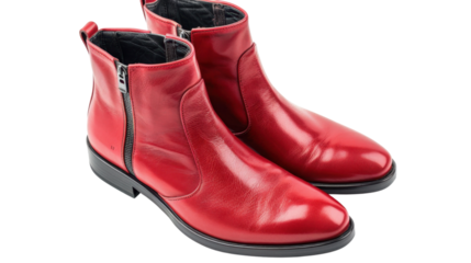 Pair of stylish red leather boots isolated on transparent background